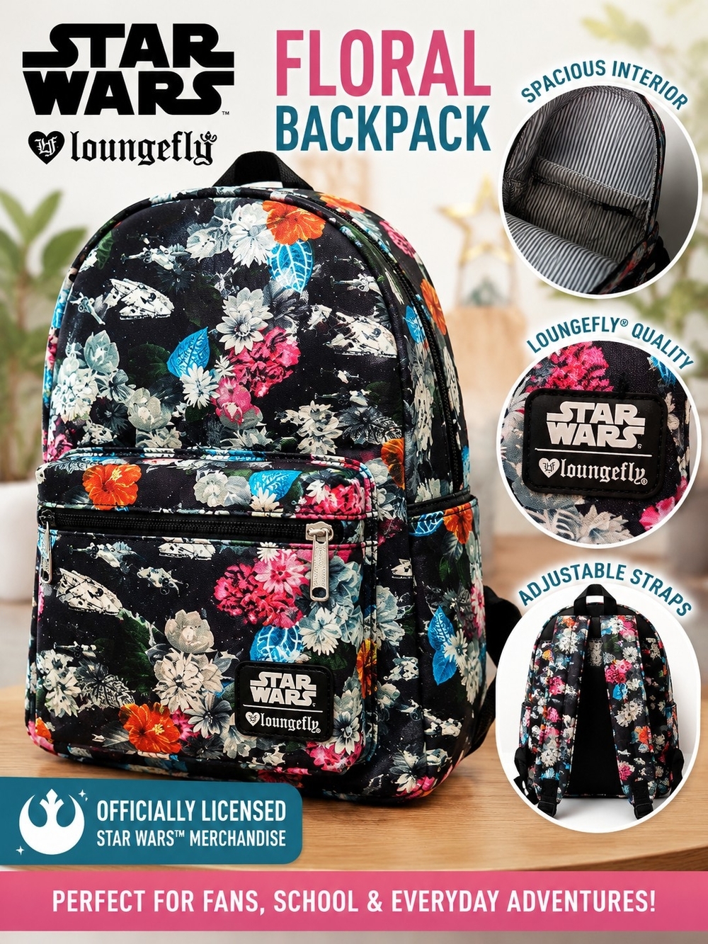Star Wars Loungefly Floral Full Size Backpack Millennium Falcon X-Wing Disney - Picture 6 of 7
